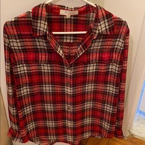 Vince Camuto red sheer plaid blouse size small